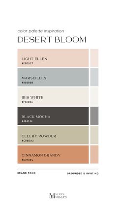 the color palette for desert bloom is shown in shades of beige, black and white