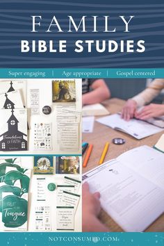 the front cover of a family bible studies book with images of people working on papers