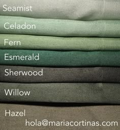 six different colors of linens stacked on top of each other, with the names of them