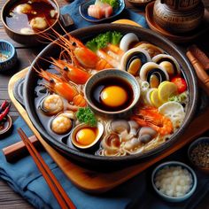 an assortment of seafood and noodles in a bowl on a table with chopsticks