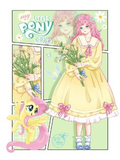 a girl in yellow dress holding flowers next to a pink pony