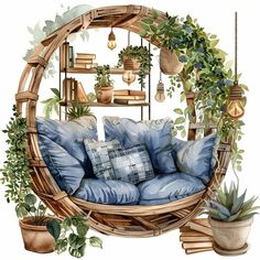 a watercolor painting of a hammock with pillows and plants