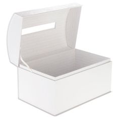 an open white box with a handle on the top and bottom, sitting in front of a white background