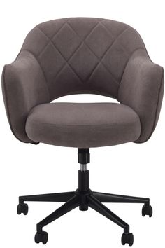 an office chair with wheels and a grey upholstered cushion on the back of it