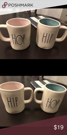 two coffee mugs with the words hip on them are shown in three different images