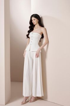 Kpop Attire Women, Elegant Dress For Women, High Value Woman Style, Elegant White Outfit, Elegant Pants Outfit, Taffeta Top, Elegant Pants, Classic Elegant Style, Peplum Designs