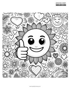 the sun with hearts and flowers coloring page