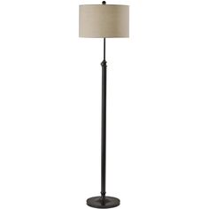 a black floor lamp with a beige shade