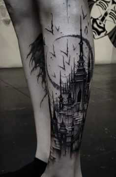 a black and white image of a castle on the leg