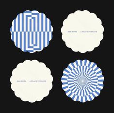 four blue and white circular frames on a black background with the words, bak blok