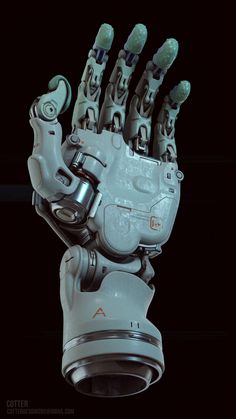 the robotic hand is holding something in it's right hand and has two fingers that are