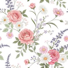 a floral wallpaper with pink roses and lavenders on a white background is shown