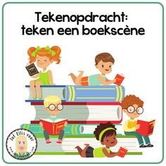 children sitting on top of books with the words tekenopract teken en bekscente