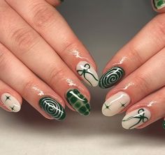 Short Mushroom Nail Designs, Green Nail Art Inspiration, White And Emerald Nails, Earthy Nails Acrylic Short, Laufey Nails Ideas, Whimsigoth Nail Art, White And Green Nail Designs, Regular Polish Nail Art, Funky Green Nails