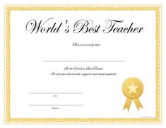 a certificate for the world's best teacher with a gold star on it and a white background