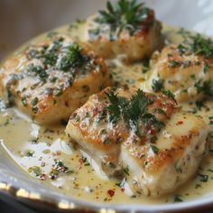 three pieces of meat covered in sauce and garnished with parsley on a white plate