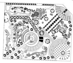 a black and white drawing of a garden