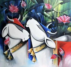 a painting of two white horses with flowers in the background