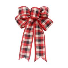 a red and white plaid bow with a ribbon on the side, isolated against a white background