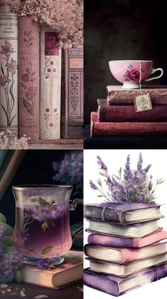 three different pictures with books and flowers on them, one has a tea cup in the middle