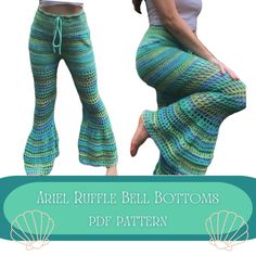 two women in green and blue knitted pants with the words ariel ruffle bell bottoms