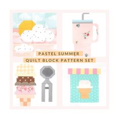 pastel summer quilt block pattern set with ice cream, sundaes and cake