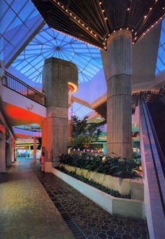 the inside of a shopping mall at night with lights on and plants growing in the center