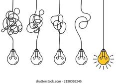 a line drawing of light bulbs hanging from wires with one bulb turned upside down and the other