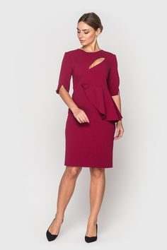 A splendid dark red dress featuring asymmetrical design, midi length and a peplum skirt. - neck cutout - asymmetrical design - peplum skirt - 3/4 sleeves with slits - midi length - concealed back zipper closure - fully lined Color: dark red Outer fabric: 40% viscose, 55% polyester, 5% elastane. Lining: 95% viscose, 5% elastane. Please choose from our measurements chart your dress size, or write us your body measurements, we then select the right size for you. Elegant Knee-length Cutout Bodycon Dress, Elegant Peplum Midi Dress For Party, Asymmetrical Cutout Midi Dress For Party, Asymmetrical Midi Dress With Cutout For Party, Elegant Formal Peplum Midi Dress, Knee-length Cutout Bodycon Dress For Evening, Chic Evening Peplum Midi Dress, Chic Peplum Midi Dress For Evening, Chic Peplum Midi Dress For Cocktail