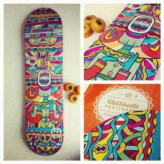 the skateboard is colorfully decorated and ready to be used as an art project