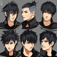 an anime character's face with different expressions and haircuts, all in black