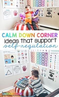 a child sitting on top of a bean bag chair in front of a bulletin board with the words calm down corner ideas that support self regulation