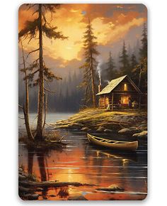 a painting of a cabin by the water with a boat on it and trees in the background