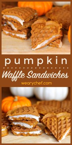 pumpkin waffle sandwiches are stacked on top of each other with the words pumpkin waffle sandwiches