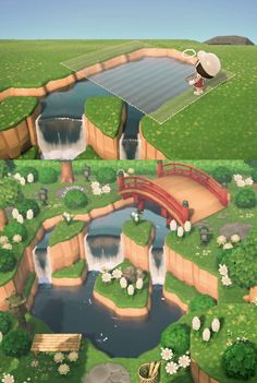 two screens show the same scene in animal crossing, and one shows an image of a bridge