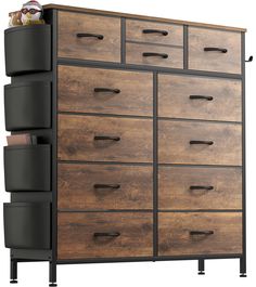 a large wooden dresser with drawers and black metal pulls on the bottom half of it