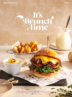 a cheeseburger with fries on the side is featured in this ad for brunch time