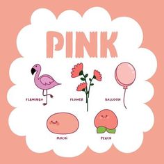 a pink poster with different types of flowers, balloons and flamingos on it's side