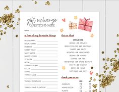 a printable gift exchange question sheet with gold confetti around it on a white background