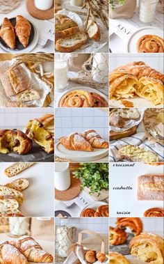 many different types of pastries are shown in this collage, including breads and croissants