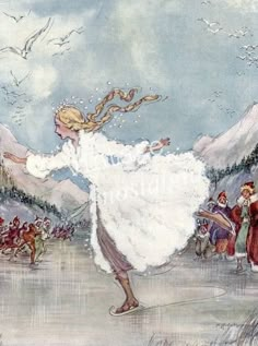 an illustration of a woman skating on ice with people around her and mountains in the background