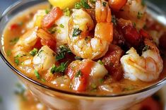 a bowl filled with shrimp and vegetables on top of a table