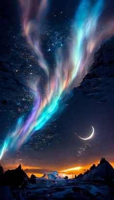 an aurora bore is seen in the sky above some rocks and snow at night time