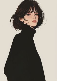 a drawing of a woman with dark hair wearing a black coat and standing in front of a white background