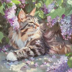 a painting of a cat laying on the ground in front of purple and white flowers