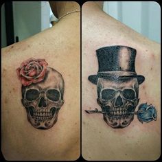 two skulls with hats and roses on their backs, one is wearing a top hat