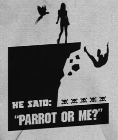 a man standing on top of a cliff with a bird flying over him and the words he said parrot or me?