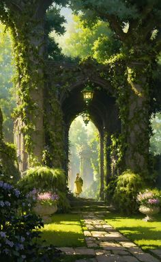 an artist's painting of a person walking down a path in the middle of a garden