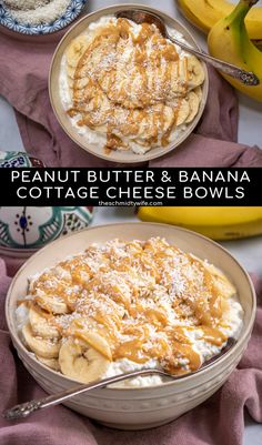 two bowls filled with bananas and cottage cheese bowl next to some other dishes on the table