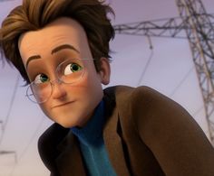 the animated character is wearing glasses and looking into the distance with power lines in the background